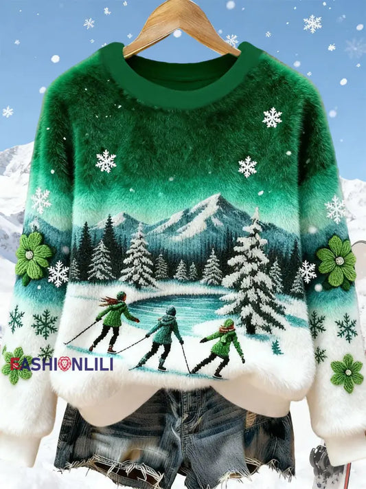 Women's Ski Art Print Casual Top