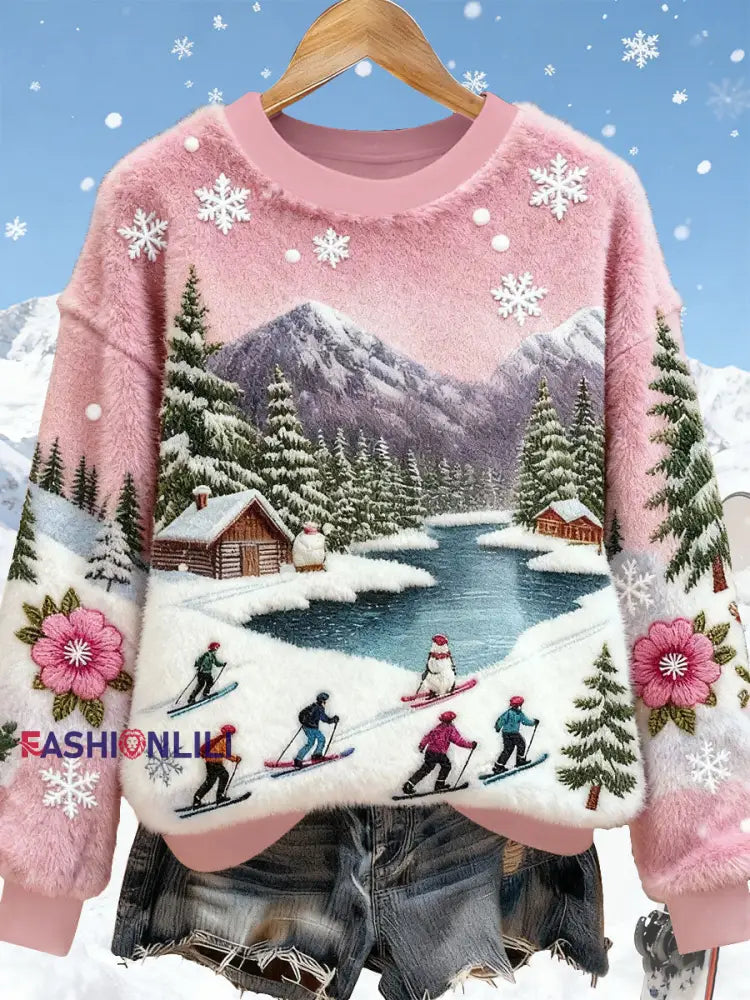 Women's Ski Art Print Casual Top