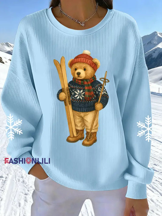 Women's Skiing Bear Print Sweatshirt